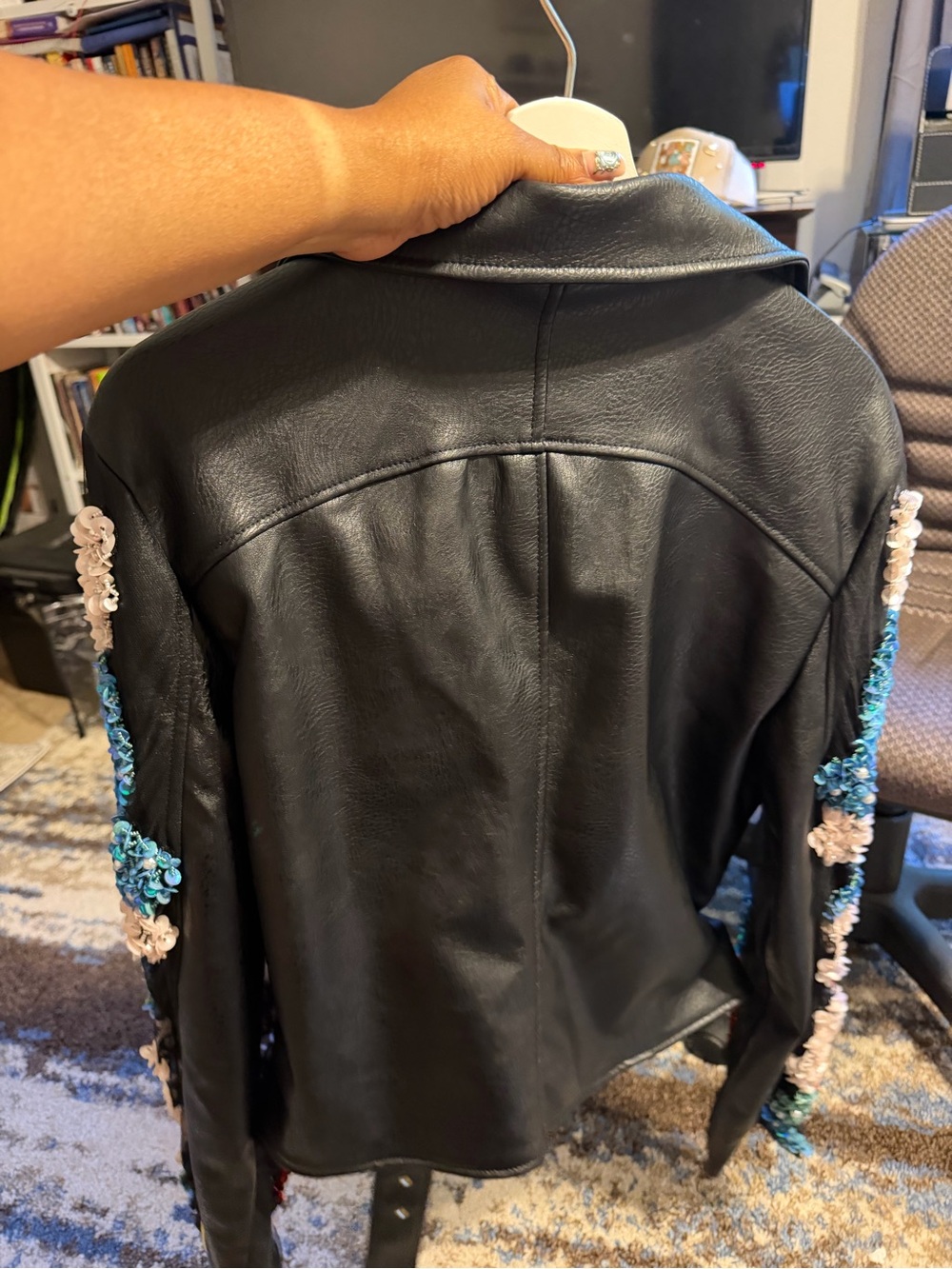 Embroidered Black Leather Jacket with Floral Accents - Picture 11 of 11